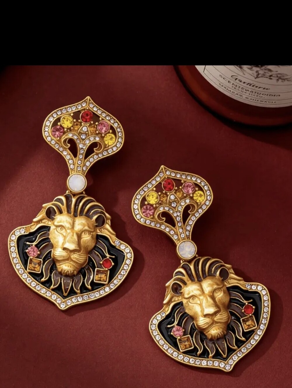 Gold Plated Lion Retro Pave Vintage Style Earrings